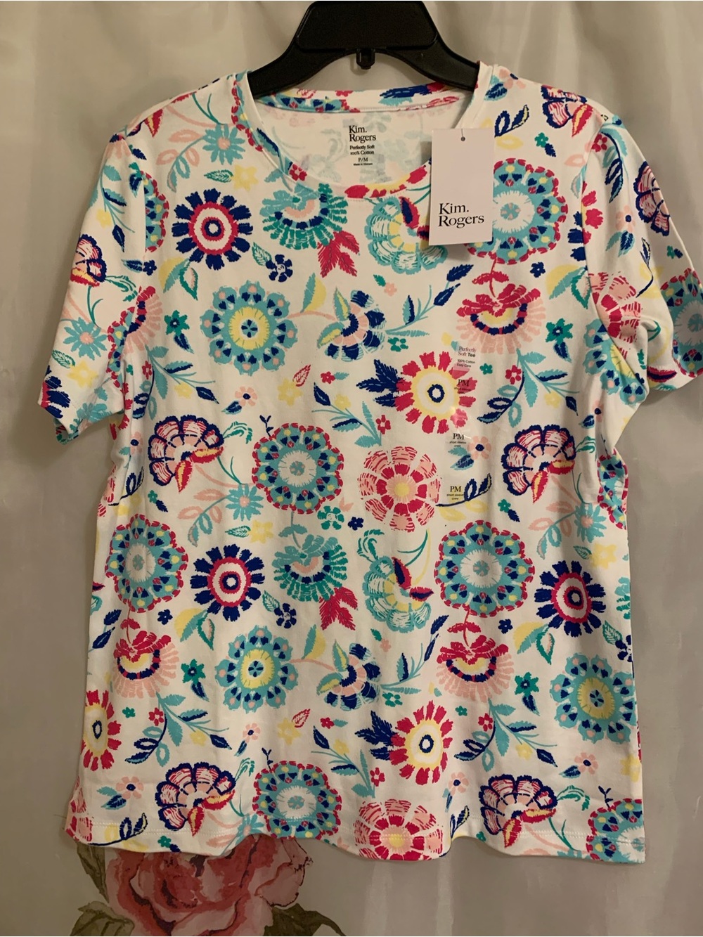 Kim Rogers White Multicolor Floral Short-Sleeve Tee